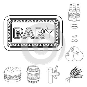 Pub, interior and equipment outline icons in set collection for design. Alcohol and food vector symbol stock web