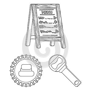 Pub, interior and equipment outline icons in set collection for design. Alcohol and food vector symbol stock web