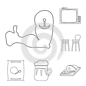 Pub, interior and equipment outline icons in set collection for design. Alcohol and food vector symbol stock web