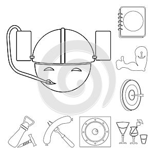 Pub, interior and equipment outline icons in set collection for design. Alcohol and food vector symbol stock web