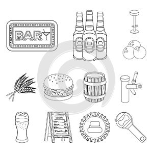 Pub, interior and equipment outline icons in set collection for design. Alcohol and food vector symbol stock web