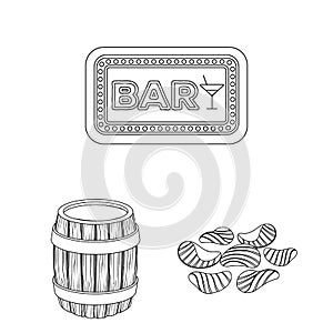 Pub, interior and equipment outline icons in set collection for design. Alcohol and food vector symbol stock web