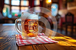 Pub interior, a mug of beer on top of a wooden table covered with red and white checkered tablecloth
