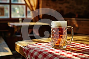 Pub interior, a mug of beer on top of a wooden table covered with red and white checkered tablecloth