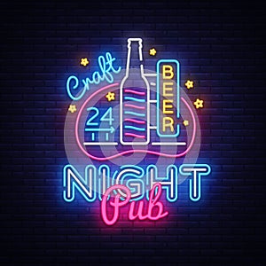 Pub Neon Signboard Vector. Beer Pub neon sign, design template, modern trend design, night neon signboard, night bright