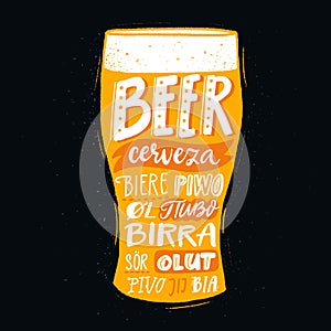 Pub poster with beer word in different languages. Spanish cerveza, russian pivo, french biere, finnish olut. Handwritten photo