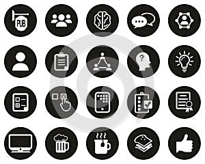 Pub Quiz Or Bar Quiz Icons White On Black Flat Design Circle Set Big photo