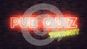 Pub Quiz neon sign mounted on brick wall photo