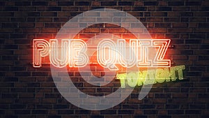 Pub Quiz neon sign mounted on brick wall photo