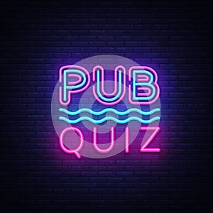 Pub Quiz night announcement poster vector design template. Quiz night neon signboard, light banner. Pub quiz held in pub photo