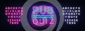 Pub Quiz night announcement poster vector design template. Quiz neon signboard, light banner. Pub quiz held in pub or