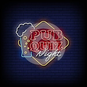 pub quiz night neon Sign on brick wall background photo