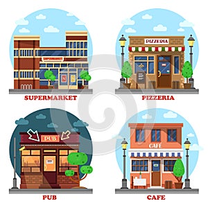 Pub and supermarket, pizzeria and cafe buildings. Business shop's facade on street with menu and lights.