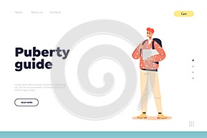 Puberty guide stage of aging concept of landing page with boy teenager with backpack and laptop