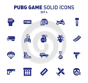 PUBG game glyph icons. Vector illustration of combat facilities. Solid design. Set 4 of icons