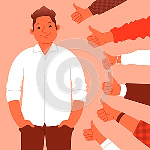 Public approval, praise. Happy man stands on the background of hands showing class gesture