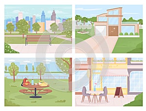 Public areas in city for relaxation flat color vector illustration set