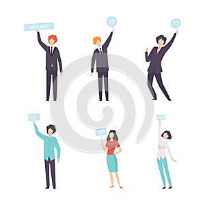 Public Auction Sale with People Bidding and Buying Goods Vector Set