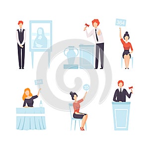 Public Auction Sale with People Bidding and Buying Goods Vector Set