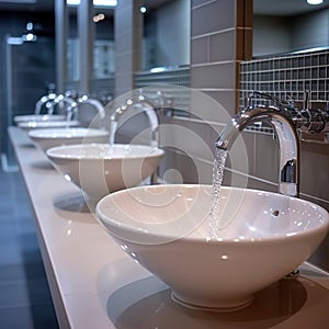 Public bathroom concept row of white ceramic washbasins and faucets