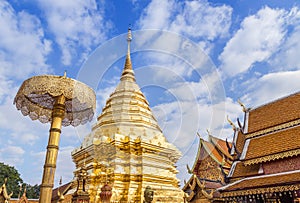 Public big golden pagoda at Wat Phra That Doi Suthep thai buddhist temple the most famous is visiting place of Chiang Mai, Thailan