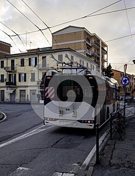 Public Bus Station in the Downtown of the City .Street Traffic