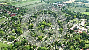 Public Cemetery in Erd city. Aerial view in Hungary