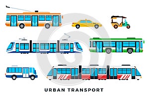 Public city transport. City cars and vehicles transport. Urban transportation icons set. Vector flat set illustration