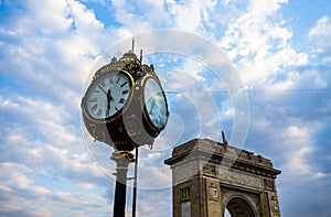 Public clock in King Mihai I park Herastrau park in Bucharest, Romania, 2019