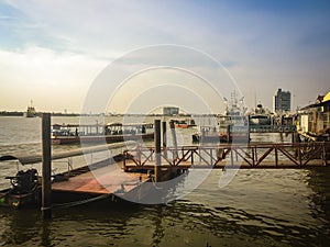 The public ferry service during across Choa Phraya River. Samut Prakan is at the mouth of the Chao Phraya River on the Gulf of