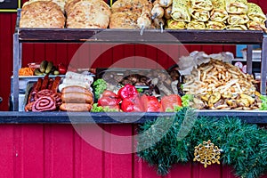 Public festivities during the New Year and Christmas holidays. Delicious food offered at a street food fair.