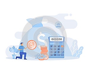 Public finance illustration. Characters integrating with government institutions. Central bank, federal budget and GDP statistics