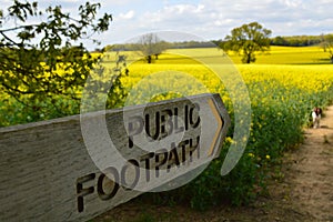 Public footpath sign in the English countryside.