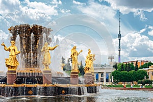 Public fountain of friendship of the people view at VDNH city park exhibition, blue sky and clouds in Moscow, Russia