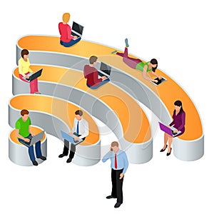 Public free Wi-Fi hotspot zone wireless connection. Social Networking Communication Concept. Isometric flat 3d vector photo