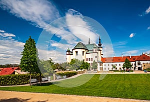 Public garden and baroque Church of the Discovery of the Holy Cross in Litomysl, Czech Republic