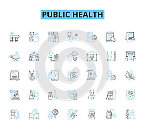 Public health linear icons set. Epidemiology, Outbreaks, Vaccinations, Prevention, Healthcare, Pandemic, Disinfectant