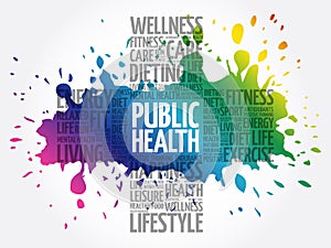 Public Health word cloud, health cross concept background