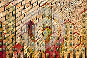 Public housing concept image with a cityscape painted on a brick wall - I`m the copyright owner of the graffiti images used in