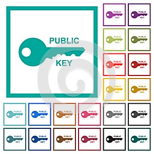 Public key flat color icons with quadrant frames