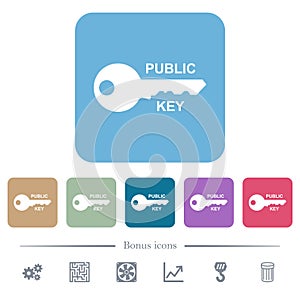 Public key flat icons on color rounded square backgrounds
