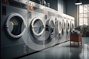 Public laundry with washing machines in a row. AI Generation