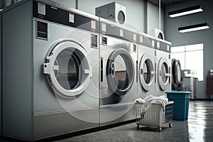 Public laundry with washing machines in a row. AI Generation