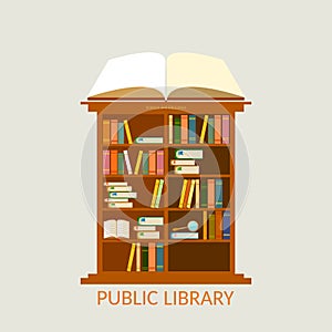 Public library bookcase education and knowledge