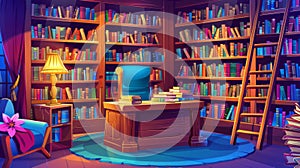 A public library or bookshop interior illustrated in cartoon style with book shelves on a wooden cabinet, a desk piled