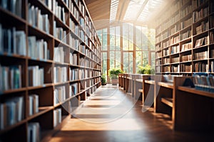 Public library interior with blurred bookshelves, suitable for backdrop use