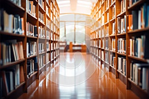 Public library interior with blurred bookshelves, suitable for backdrop use