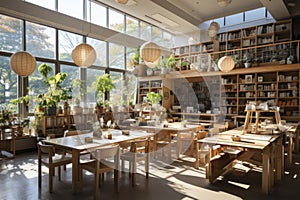 Public library interior with no people and bookshelves. Workplace table, desk with laptop and chairs for studying, college,