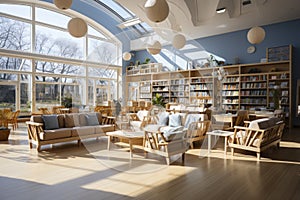 Public library interior with no people and bookshelves. Workplace table, desk with laptop and chairs for studying, college,