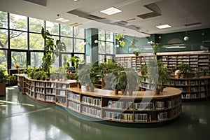 Public library interior with no people and bookshelves. Workplace table, desk with laptop and chairs for studying, college,